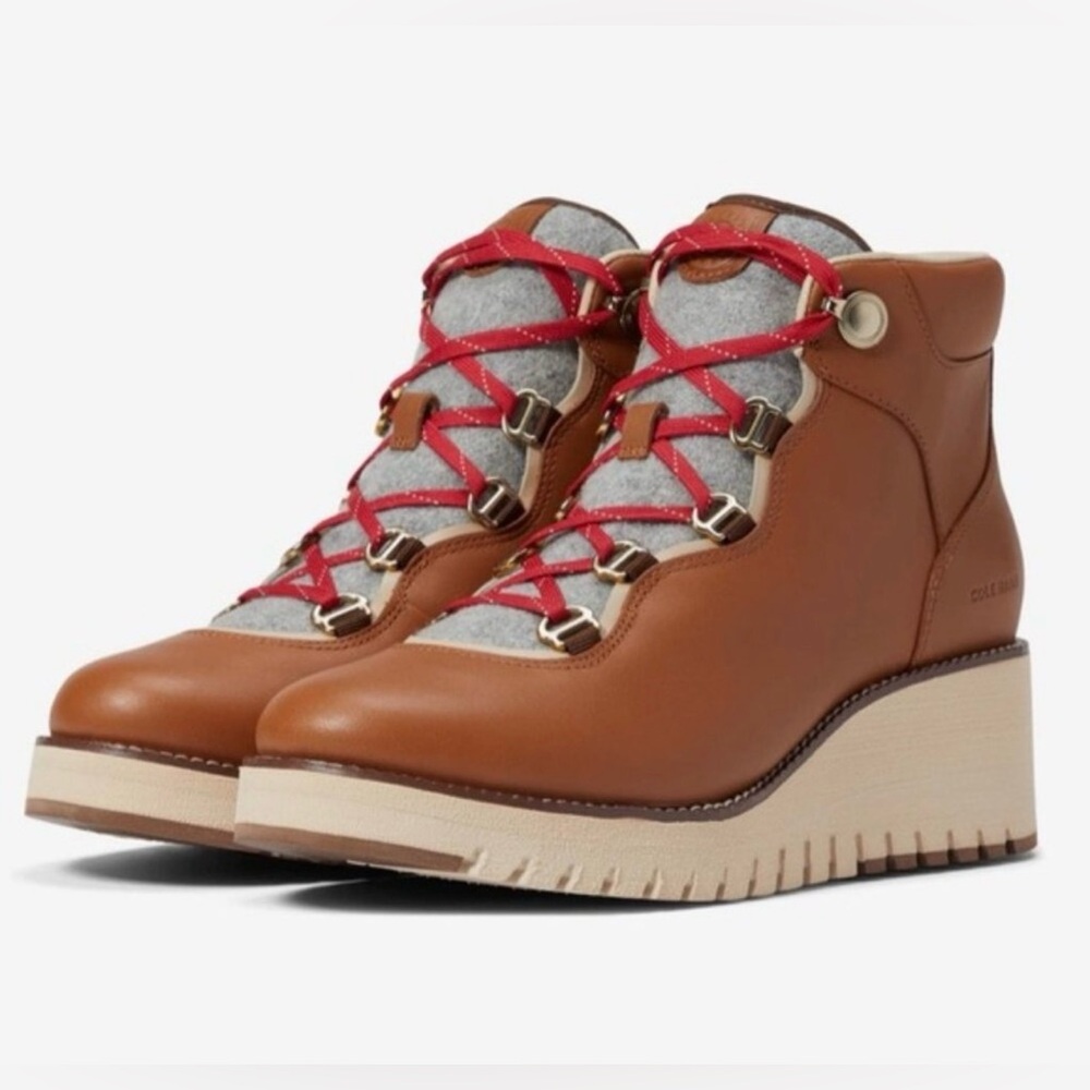Cole Haan Women's ZeroGrand Waterproof Wedge Hiker Booties Brown Leather